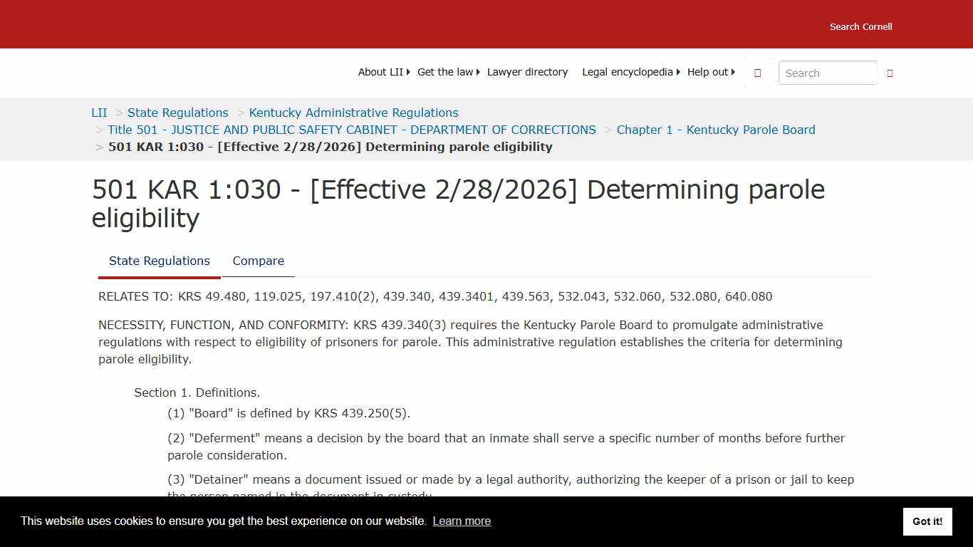 501 KAR 1:030 - [Effective 2/28/2026] Determining parole eligibility | State Regulations | US Law | LII / Legal Information Institute