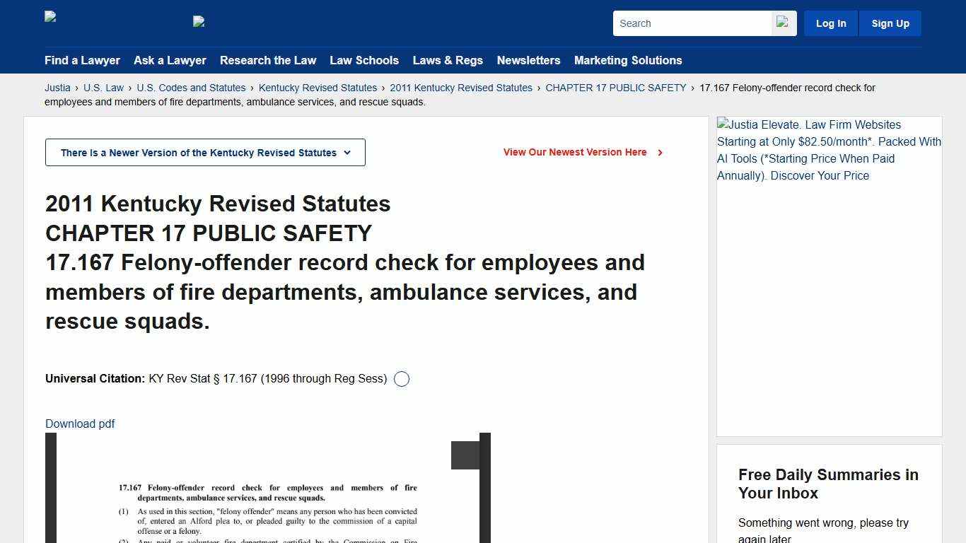 KY Rev Stat § 17.167 :: 17.167 Felony-offender record check for employees and members of fire departments, ambulance services, and rescue squads. :: 2011 Kentucky Revised Statutes :: US Codes and Statutes :: US Law :: Justia